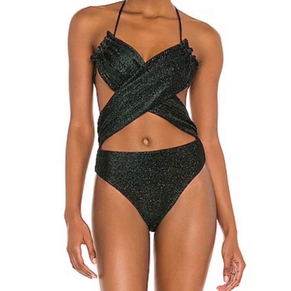 Devon‎ Windsor Astrid Full-Piece Midnight Green Metallic Cutout Swimsuit Small